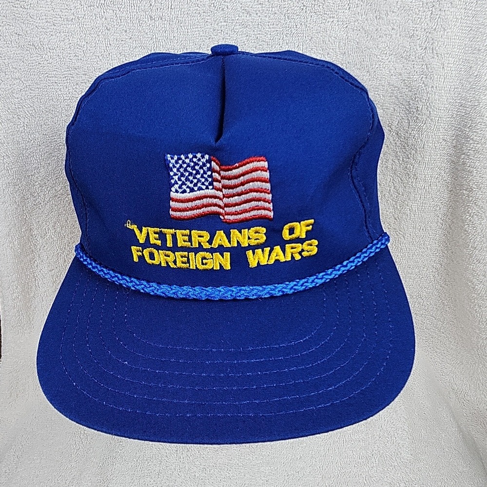 Vintage Veterans Of Foreign Wars Hat Blue Snapback Rope Cap King Louie USA Made